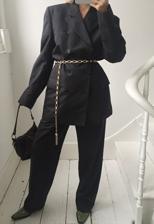 VINTAGE 80S PINSTRIPED DARK GREY/BLACK OVERSIZED POWER SUIT