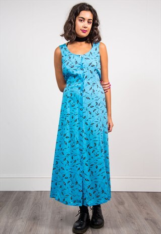 VINTAGE 90'S BRIGHT BLUE PATTERNED MIDI DRESS