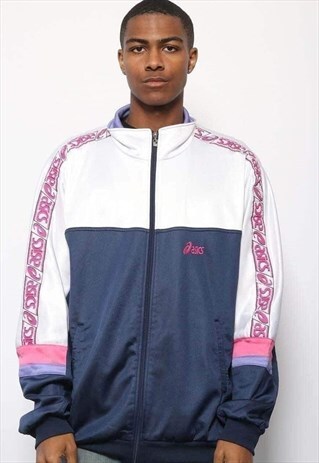 VINTAGE ASICS TAPE LOGO TRACK JACKET WHITE BLUE