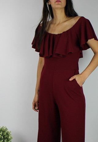 VINTAGE JUMPSUIT W OFF SHOULDER FRILL DETAIL