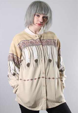 VINTAGE BUTTON UP FEATHER PRINT OVERSIZE SWEATSHIRT MEDIUM