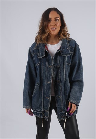 VINTAGE DENIM BOMBER JACKET OVERSIZED TARTAN UK 14 (KBD)