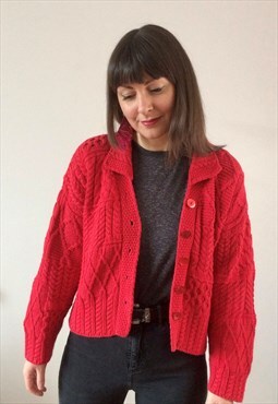 Vintage 80s Red Aran Cable Knit Cardigan