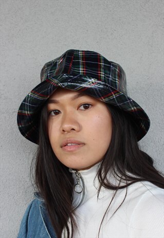 BLUE PVC TARTAN CHECK GINGHAM Y2K_90S BUCKET HAT
