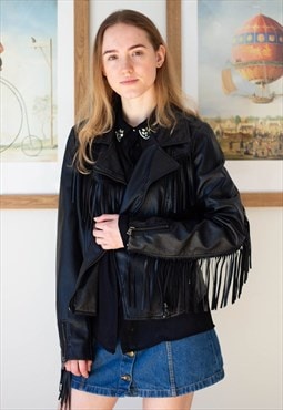 Black faux leather fringe sleeves jacket