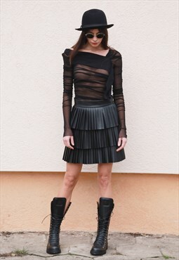 Layer Skirt Black Leather Skirt Ruffled Extravagant F1564