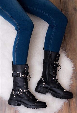 GRETCHEN LACE UP BUCKLE STUDDED FLAT BIKER BOOTS - BLACK