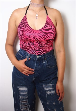 HOT PINK ZEBRA PRINT HALTER TOP
