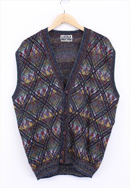 Vintage Knitted Vest Multicolour With Patterns Button Up 90s