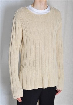 Vintage 90s Beige Linen Blend Ribbed Knit Minimalist Sweater