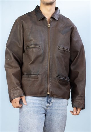 Vintage  Leather Jacket Four Pocket in Brown XL