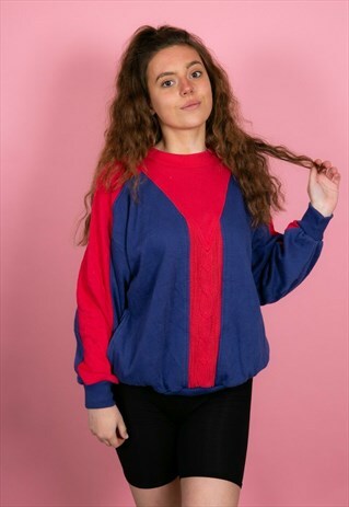80S VINTAGE NAVY BLUE RED QUILTED & KNITTED SWEATSHIRT JERSE