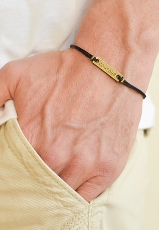MEN'S BRACELET, BLACK BRACELET FOR MEN, BRONZE COURAGE CHARM