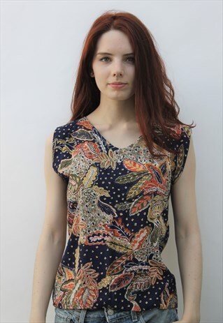 VINTAGE 1980S HANDMADE LEAF PRINT TOP