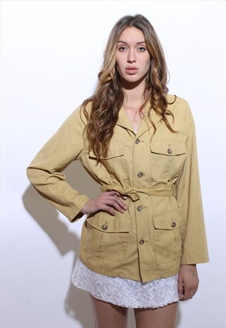 VINTAGE 1970'S 70'S YELLOW COTTON CANVAS SAFARI JACKET L-XL