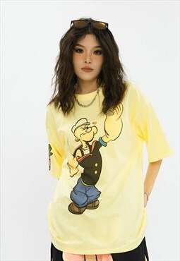 Popeye print t-shirt old cartoon tee retro top in yellow