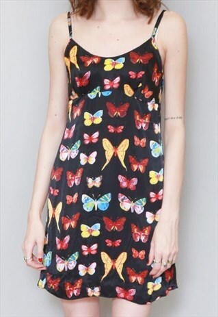 VINTAGE 1980'S SILKY BUTTERFLY MINI SLIP DRESS