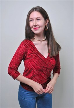 Vintage ribbed blouse, 90s v-neck pullover red shirt