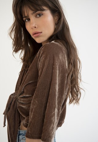 ARIETTA VELVET TIE FRONT WRAP BLOUSE - BURNT AMBER