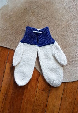 Cozy Handmade Mittens, Hand Knit White and Blue Wool Mittens