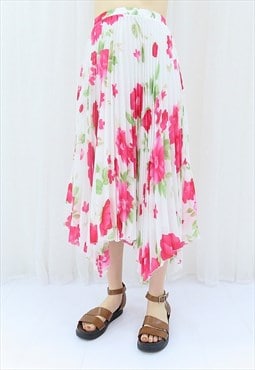 90s Vintage Cream & Pink Floral Midi Skirt (Size M)