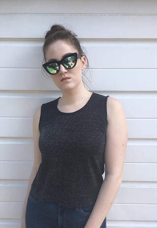 WOMENS VINTAGE 90S VERSACE TOP BLACK SILVER SPARKLY VEST