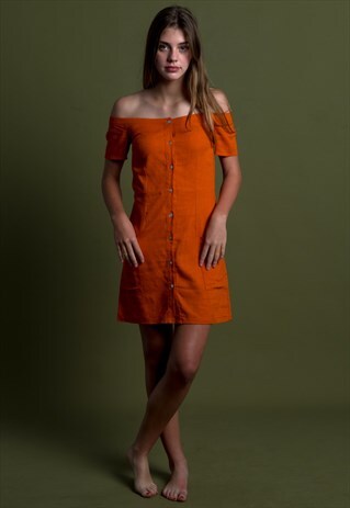 VAKAY LINEN OFF SHOULDER MINI DRESS IN ORANGE