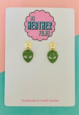 Green Glitter Alien Earrings