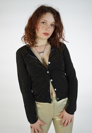 VINTAGE 90S BLACK GOLD GLITTER MESH CARDIGAN TOP