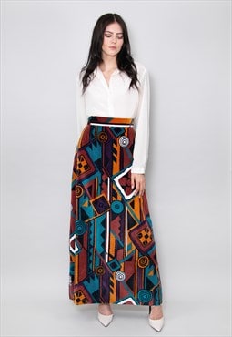 70's Vintage Ladies Maxi Skirt Velvet Multi Print 