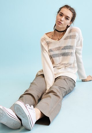 Y2K NEUTRAL STRIPED KNIT LOOSE-FITTED JUMPER