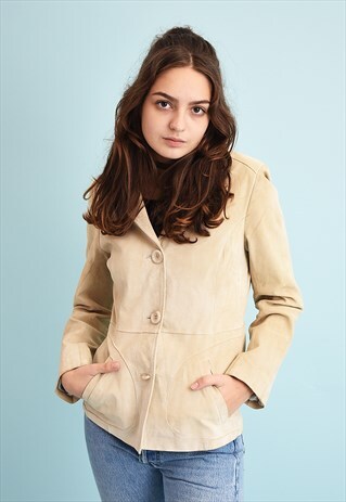 90'S RETRO BEIGE GENUINE LEATHER SUEDE JACKET