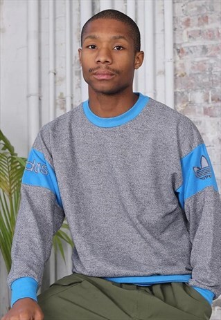 VINTAGE ADIDAS SLEEVE LOGO SWEATSHIRT GREY AND BLUE