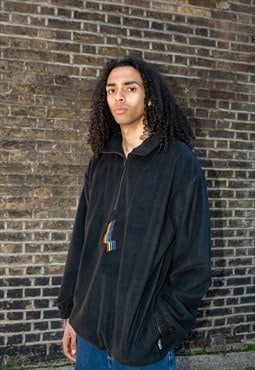 1/4 Zip Fleece in Black with Futuristic Rainbow Embroidery