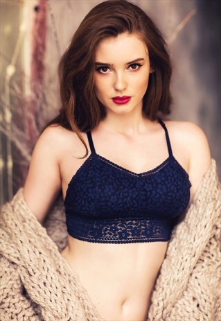 SUPPORTIVE NAVY LONGLINE LACE BRALETTE SET WIT LACE BACK