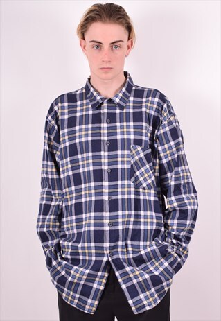 MENS VINTAGE FLANNEL SHIRT XXL BLUE CHECK 90S