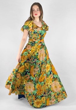 70's Helmut Etges Modelle Vintage Floral Yellow Maxi Dress