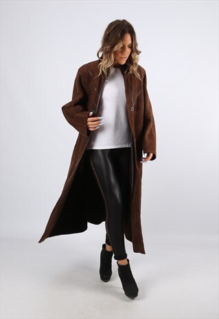 SHEEPSKIN SUEDE LEATHER SHEARLING LONG COAT UK 16 (LH4J)