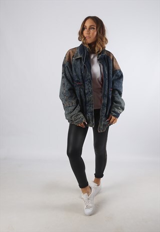 VINTAGE DENIM BOMBER JACKET OVERSIZED ACID WASH UK 16 (993W)