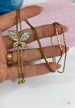 1980's Crystal Butterfly Lariat Necklace