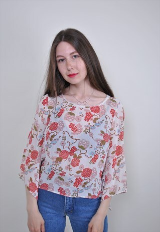 RETRO FLORAL BLOHO BLOUSE, VINTAGE RUFFLED NATURE SHIRT