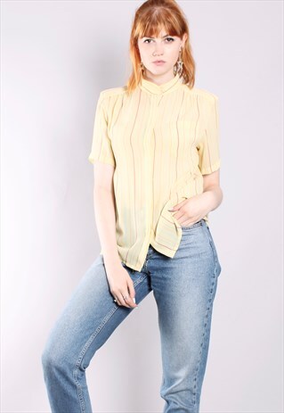 VINTAGE 80S YELLOW SHEER PIN STRIPE HIGH NECK BLOUSE