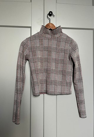 Vintage Grey Plaid Low Turtleneck Blouse