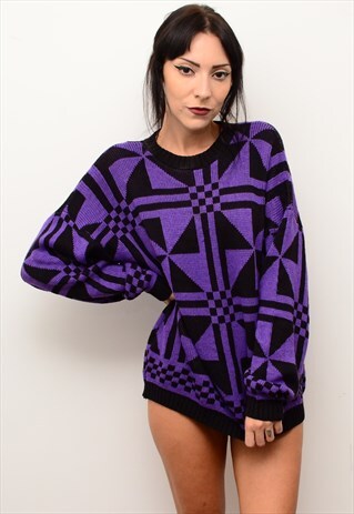 VINTAGE 90'S PURPLE/BLACK RETRO ABSTRACT PATTERNED JUMPER
