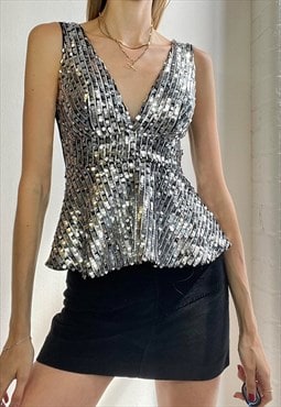 Vintage Y2k Sequin Top Silver Festival Summer Party Sparkly