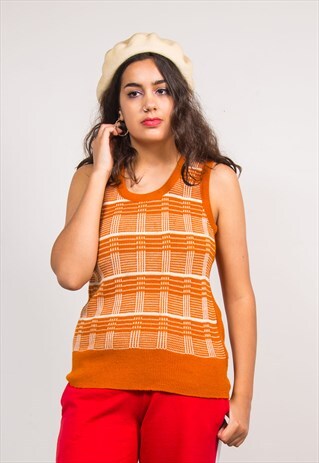 70'S VINTAGE ORANGE CHECK PATTERN KNIT VEST TOP