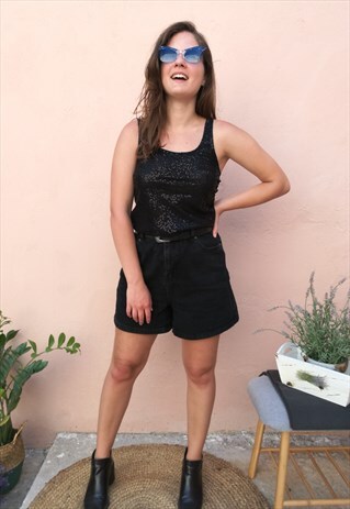90S PARTY SEQUIN METALLIC TANK TOP IN BLACK