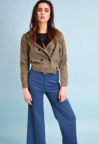70'S RETRO CLASSY CORDUROY DETAILING CROPPED TWEED JACKET
