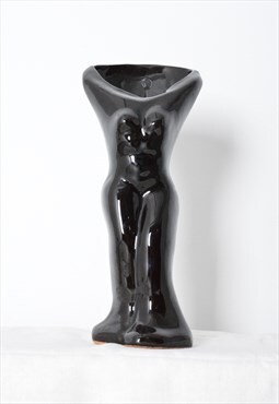 Vintage 90s Black Glazed Ceramic Female Body Shaped Vase
