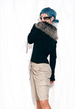 Vintage Cardigan Y2K Faux Fur Collar Knitted Top in Black